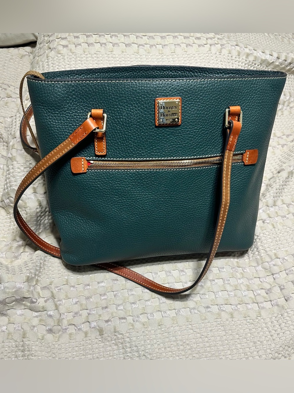 Dooney & Bourke forest green Pebbled Leather Shoulder Bag with Brown Trim